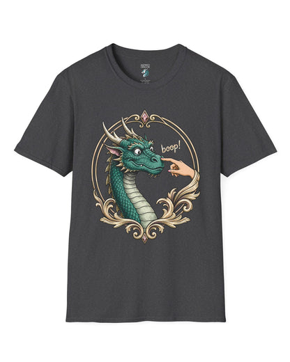 The Golden Boop shirt in dark heather featuring a wide-eyed green dragon getting its nose booped by a feminine hand