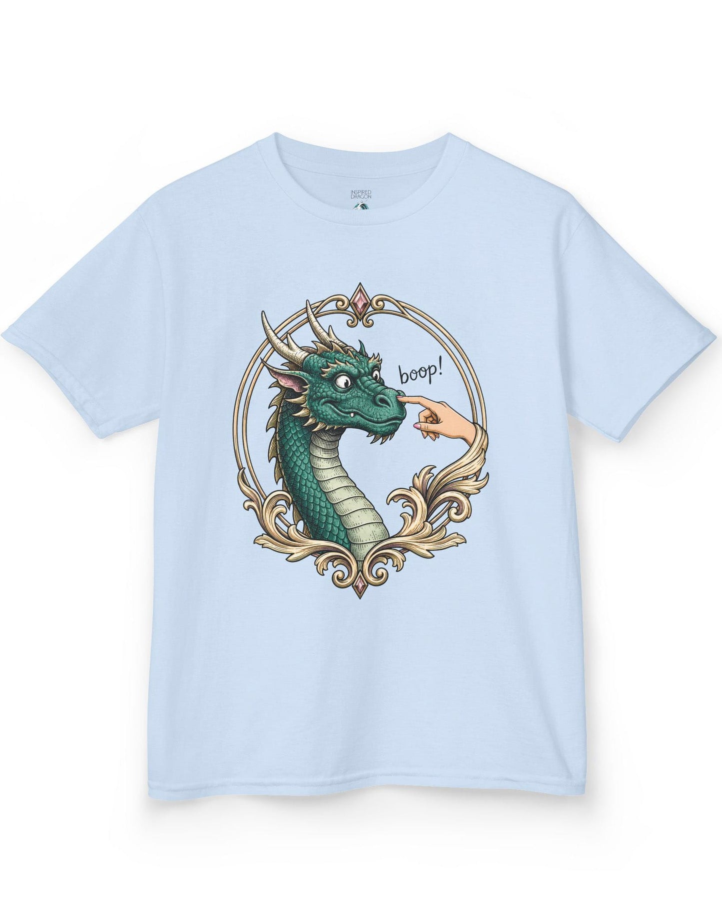 The Golden Boop shirt in light blue featuring a wide-eyed green dragon getting its nose booped by a feminine hand
