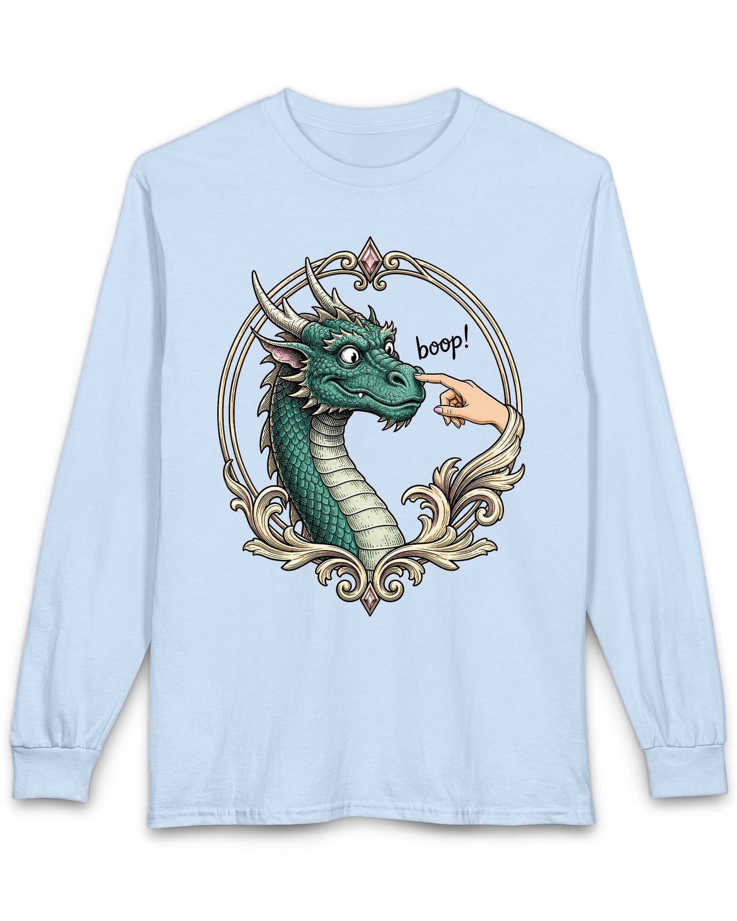The Golden Boop shirt in light blue featuring a wide-eyed green dragon getting its nose booped by a feminine hand