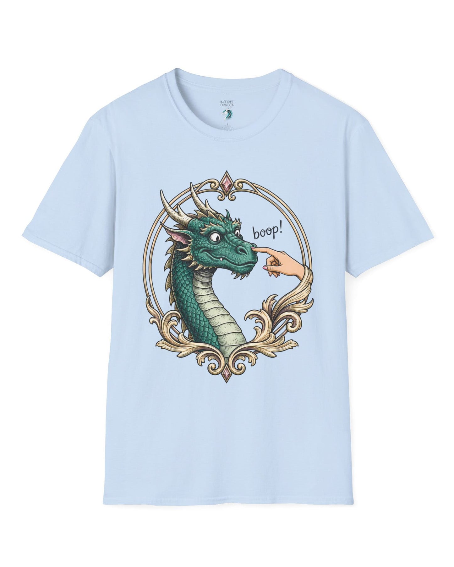 The Golden Boop shirt in light blue featuring a wide-eyed green dragon getting its nose booped by a feminine hand