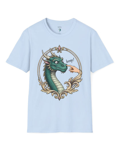 The Golden Boop shirt in light blue featuring a wide-eyed green dragon getting its nose booped by a feminine hand