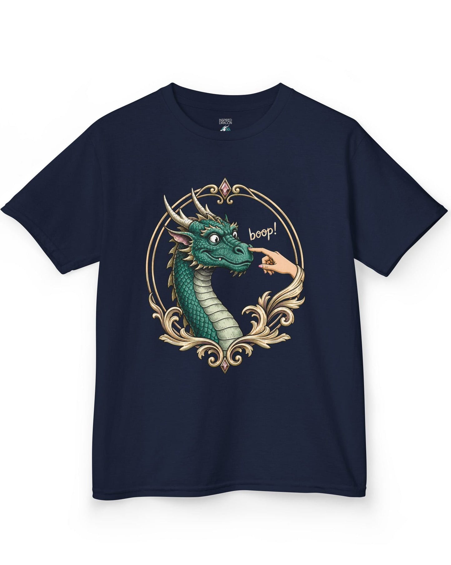 The Golden Boop shirt in navy featuring a wide-eyed green dragon getting its nose booped by a feminine hand