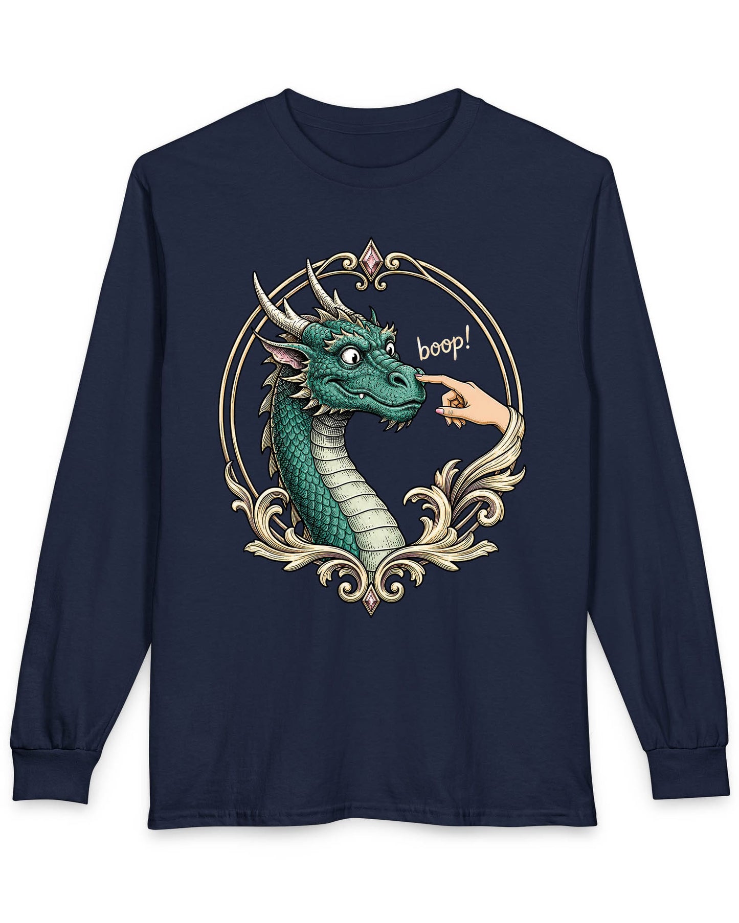 The Golden Boop shirt in navy featuring a wide-eyed green dragon getting its nose booped by a feminine hand