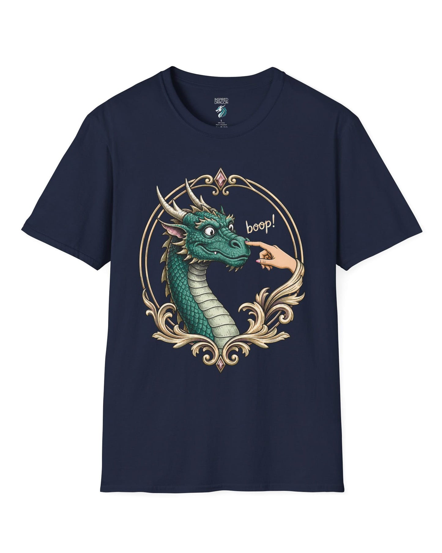 The Golden Boop shirt in navy featuring a wide-eyed green dragon getting its nose booped by a feminine hand