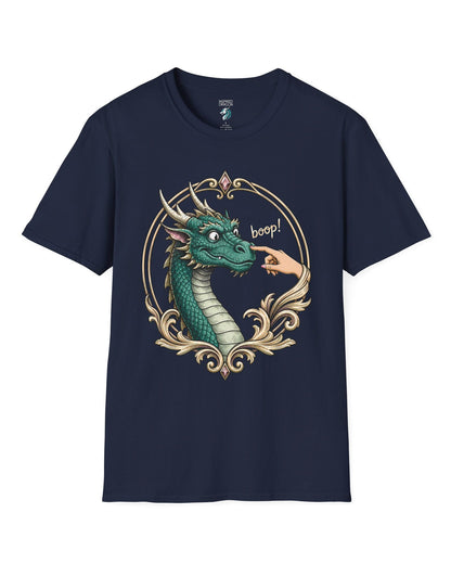 The Golden Boop shirt in navy featuring a wide-eyed green dragon getting its nose booped by a feminine hand