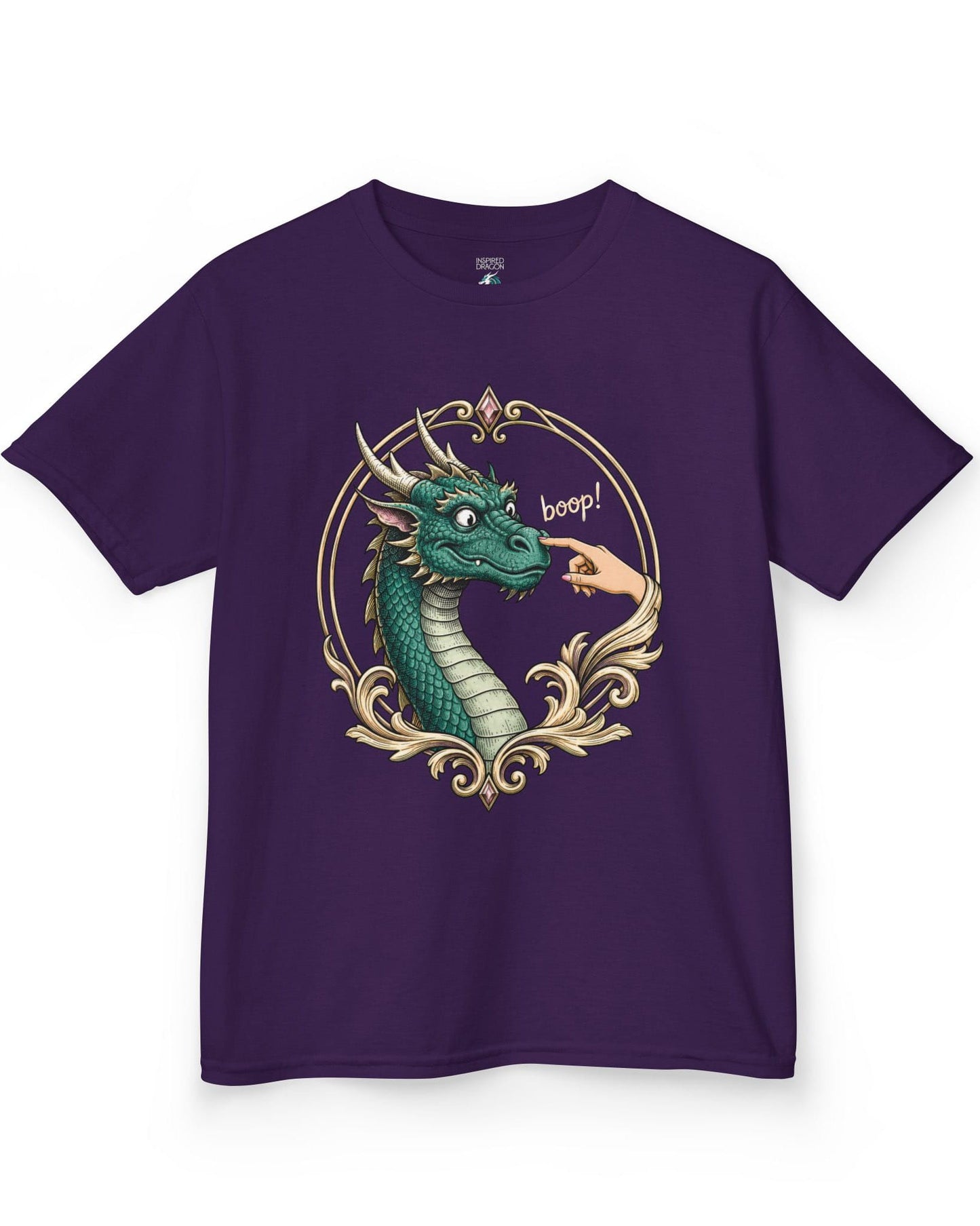 The Golden Boop shirt in purple featuring a wide-eyed green dragon getting its nose booped by a feminine hand