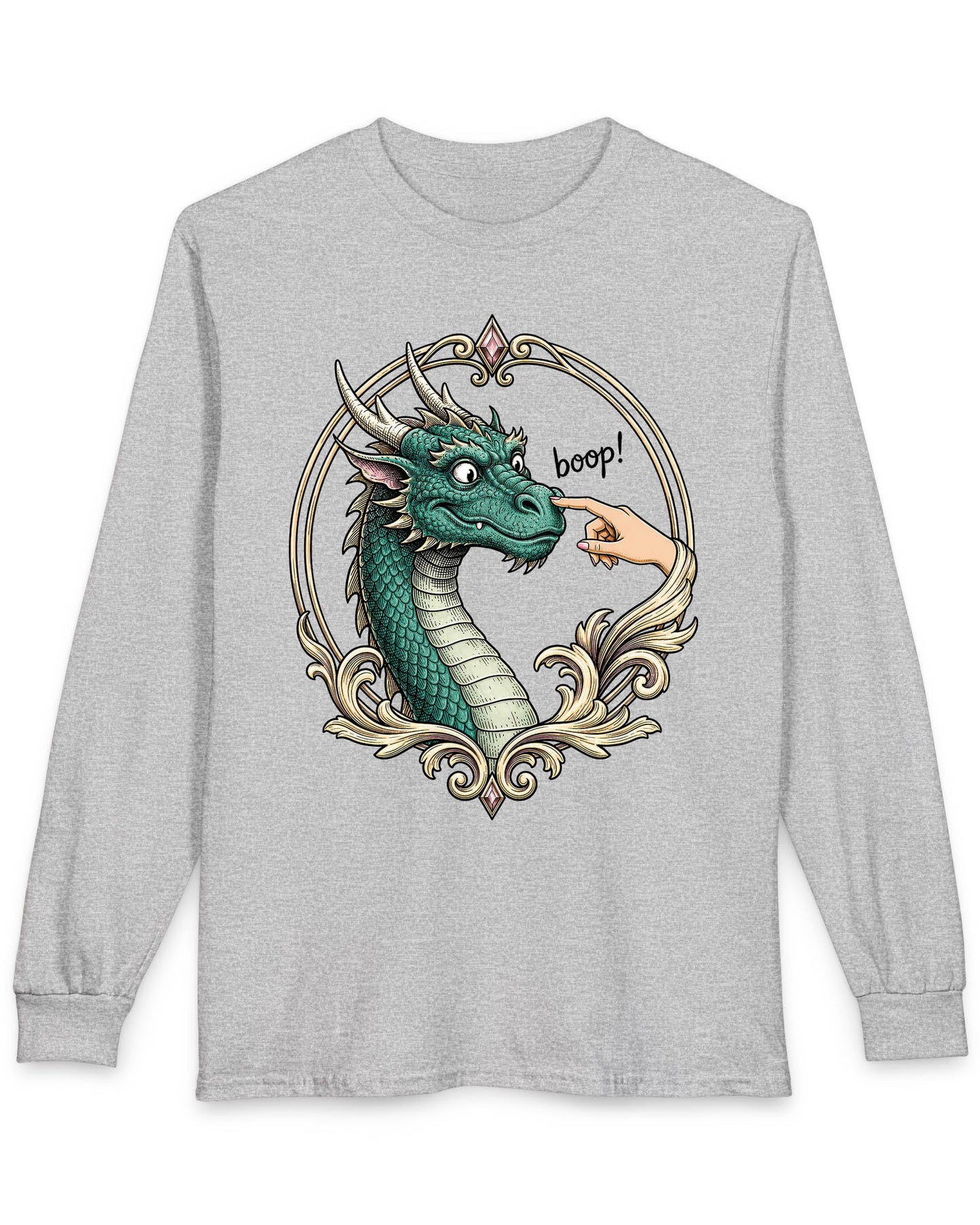 The Golden Boop shirt in sport grey featuring a wide-eyed green dragon getting its nose booped by a feminine hand
