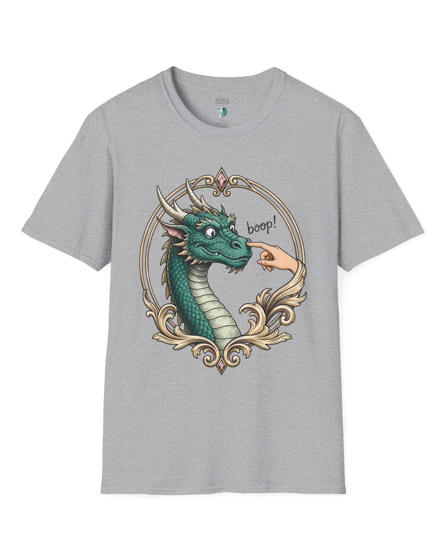 The Golden Boop shirt in sport grey featuring a wide-eyed green dragon getting its nose booped by a feminine hand