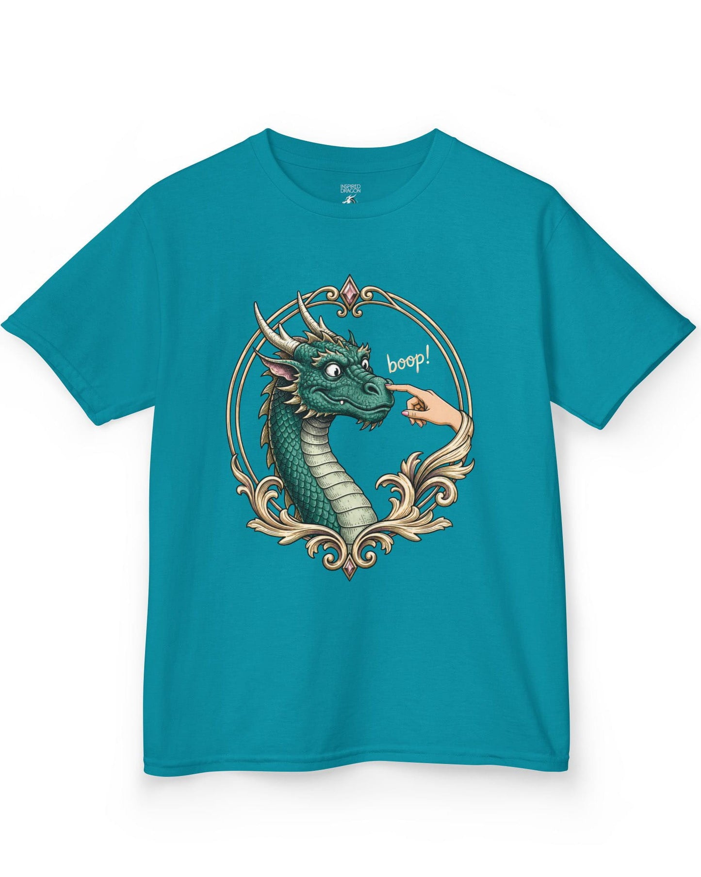 The Golden Boop shirt in tropical blue featuring a wide-eyed green dragon getting its nose booped by a feminine hand