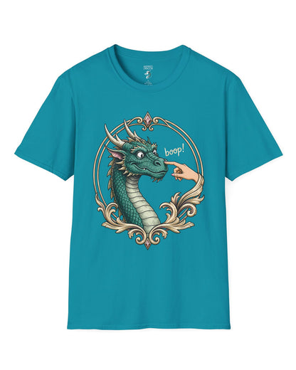 The Golden Boop shirt in tropical blue featuring a wide-eyed green dragon getting its nose booped by a feminine hand