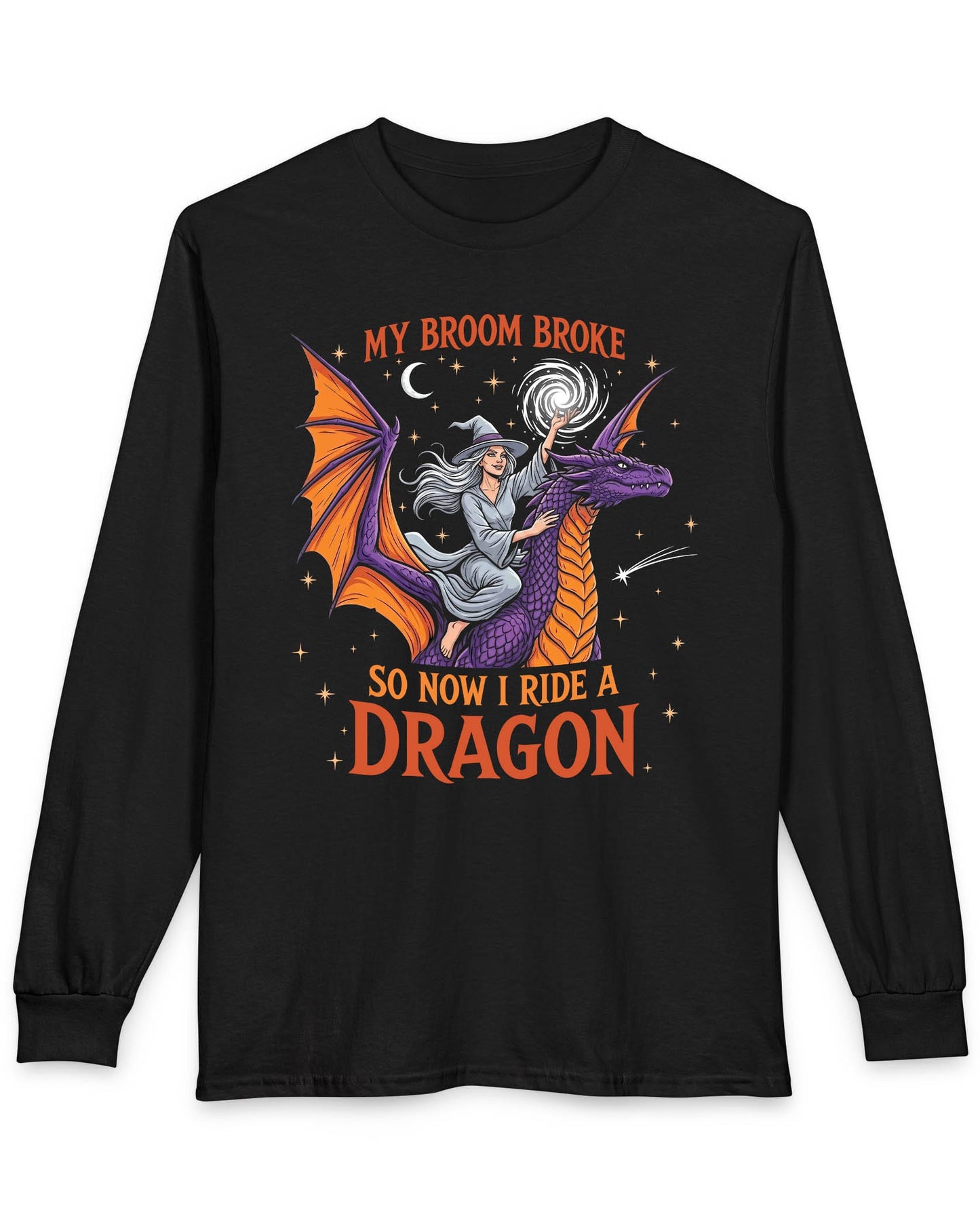 My Broom Broke Magical shirt in black featuring a magical witch riding a purple dragon beneath a starry night sky