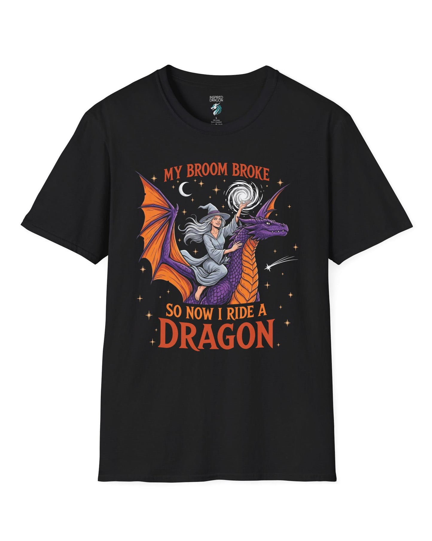 My Broom Broke Magical shirt in black featuring a magical witch riding a purple dragon beneath a starry night sky