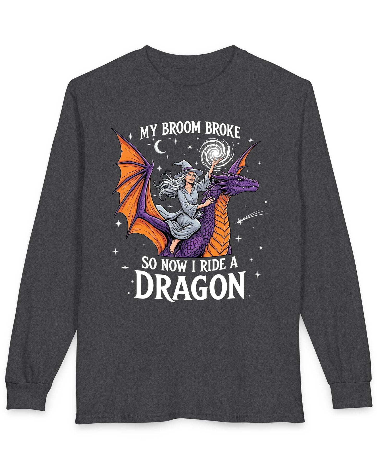 My Broom Broke Magical shirt in dark heather featuring a magical witch riding a purple dragon beneath a starry night sky