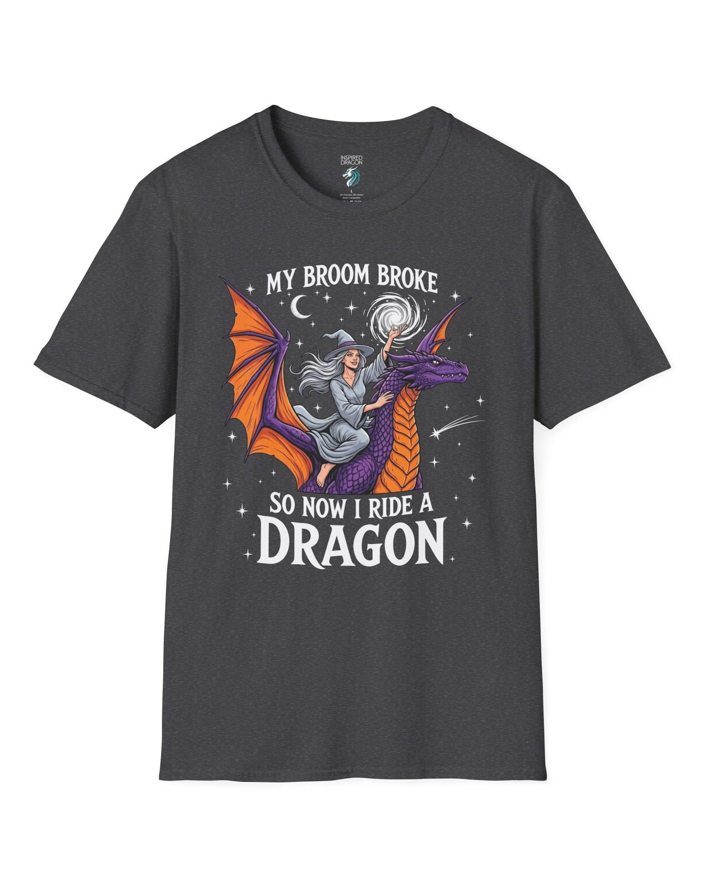 My Broom Broke Magical shirt in dark heather featuring a magical witch riding a purple dragon beneath a starry night sky
