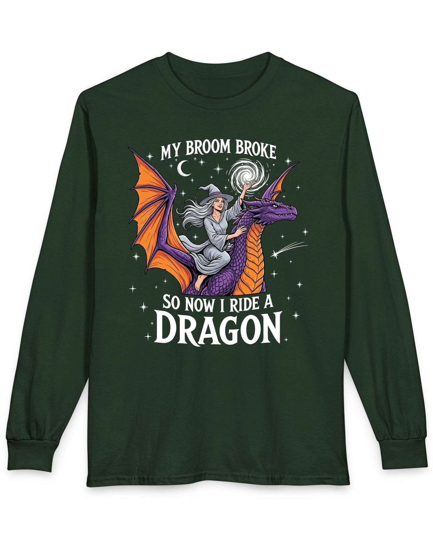 My Broom Broke Magical shirt in forest green featuring a magical witch riding a purple dragon beneath a starry night sky