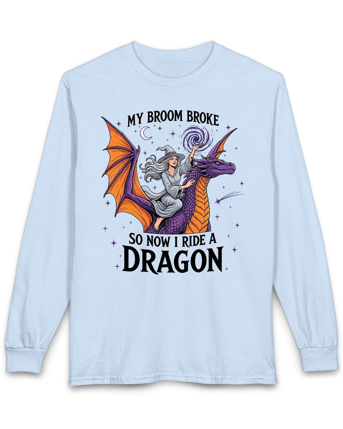 My Broom Broke Magical shirt in light blue featuring a magical witch riding a purple dragon beneath a starry night sky