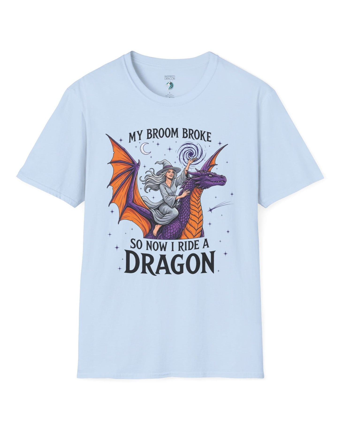 My Broom Broke Magical shirt in light blue featuring a magical witch riding a purple dragon beneath a starry night sky