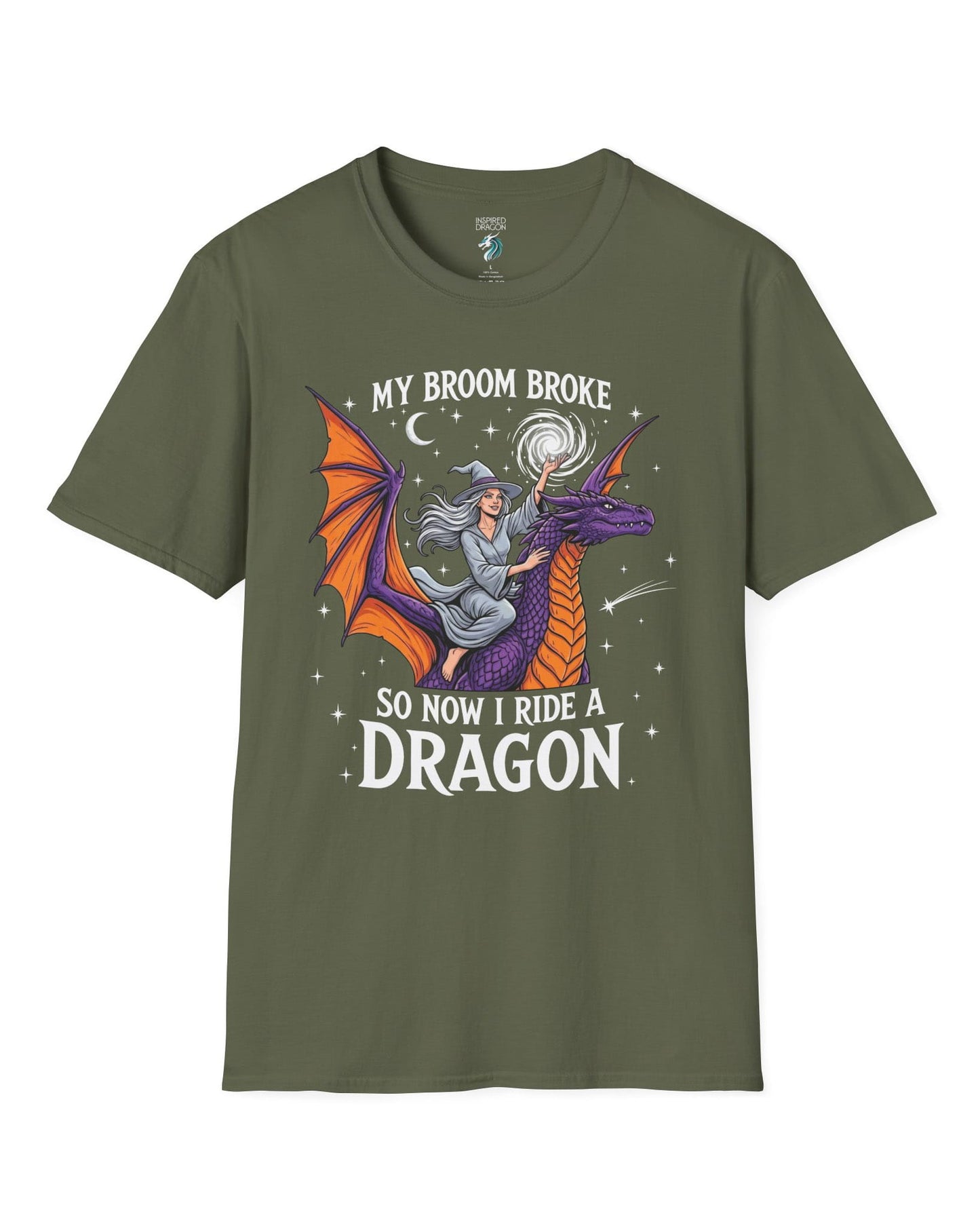 My Broom Broke Magical shirt in military green featuring a magical witch riding a purple dragon beneath a starry night sky