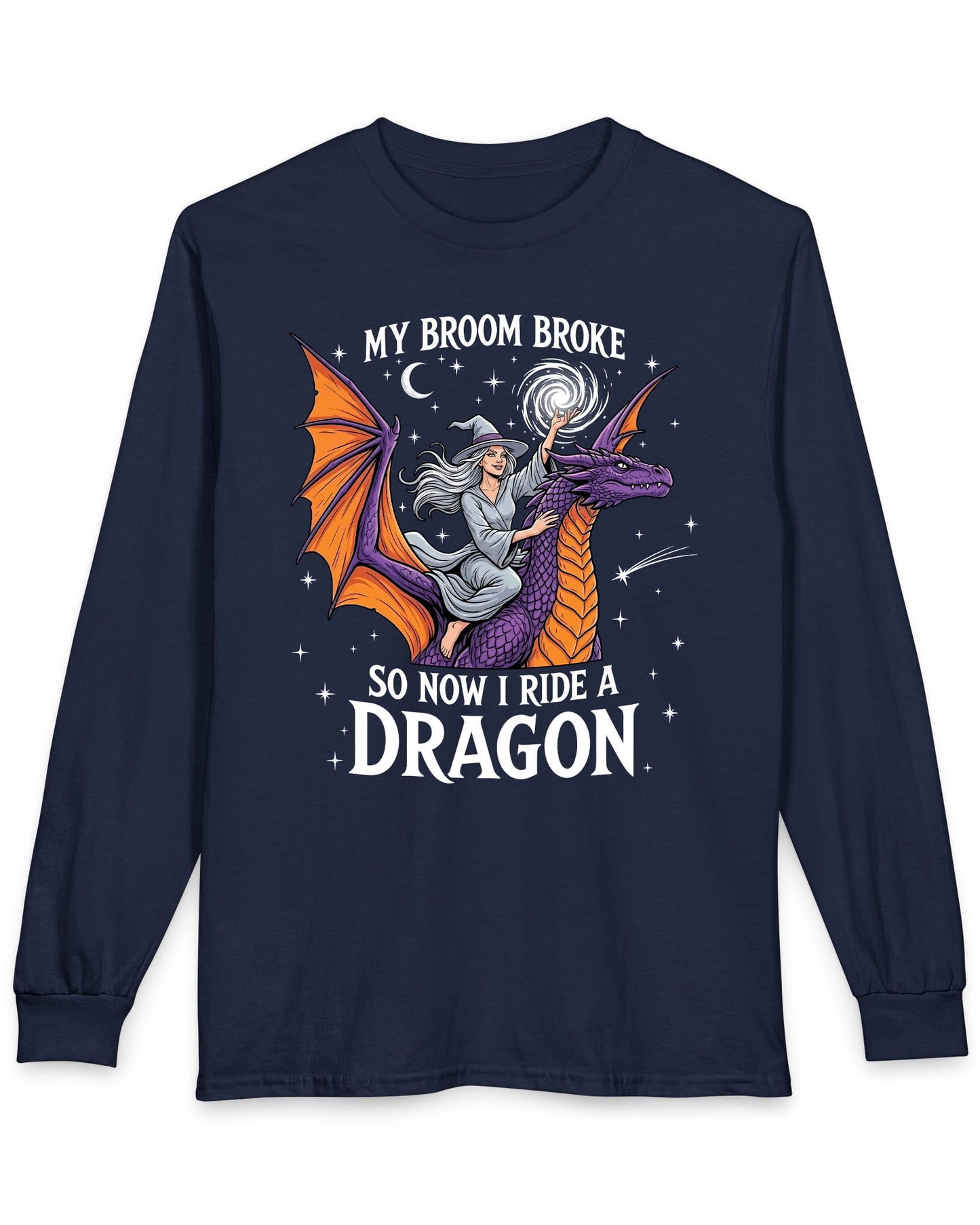 My Broom Broke Magical shirt in navy featuring a magical witch riding a purple dragon beneath a starry night sky