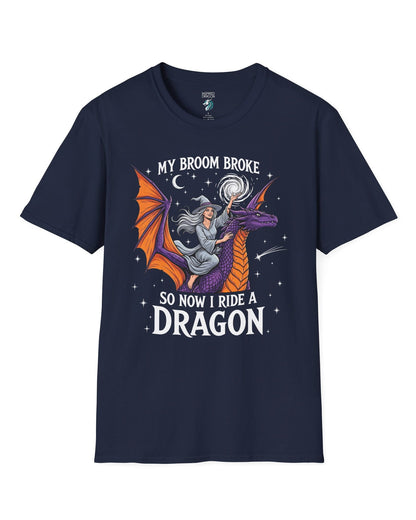 My Broom Broke Magical shirt in navy featuring a magical witch riding a purple dragon beneath a starry night sky