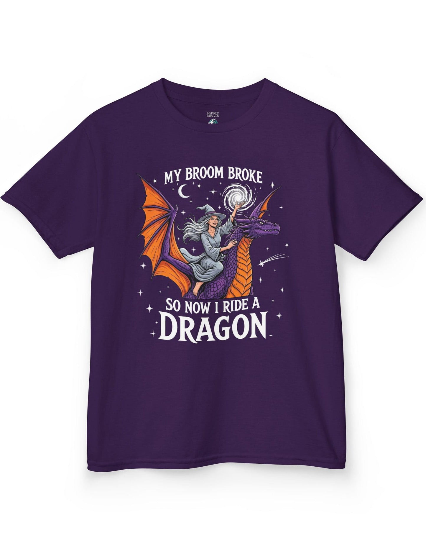 My Broom Broke Magical shirt in purple featuring a magical witch riding a purple dragon beneath a starry night sky