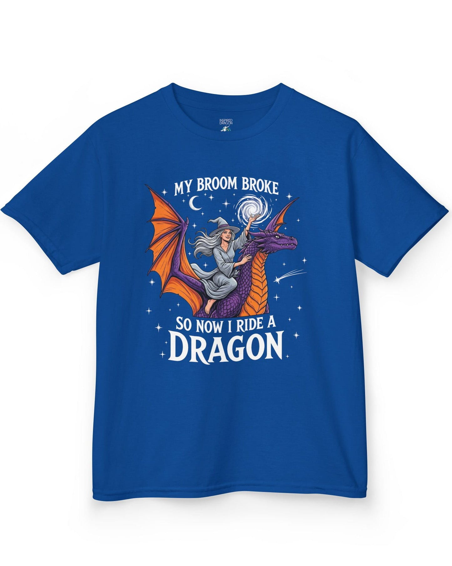 My Broom Broke Magical shirt in royal blue featuring a magical witch riding a purple dragon beneath a starry night sky