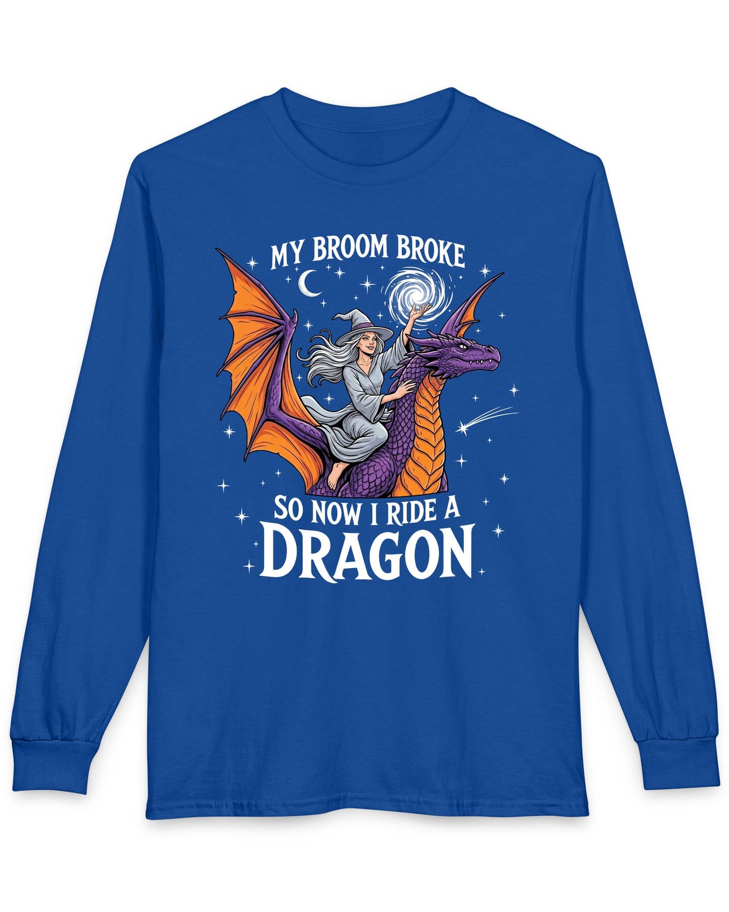My Broom Broke Magical shirt in royal blue featuring a magical witch riding a purple dragon beneath a starry night sky