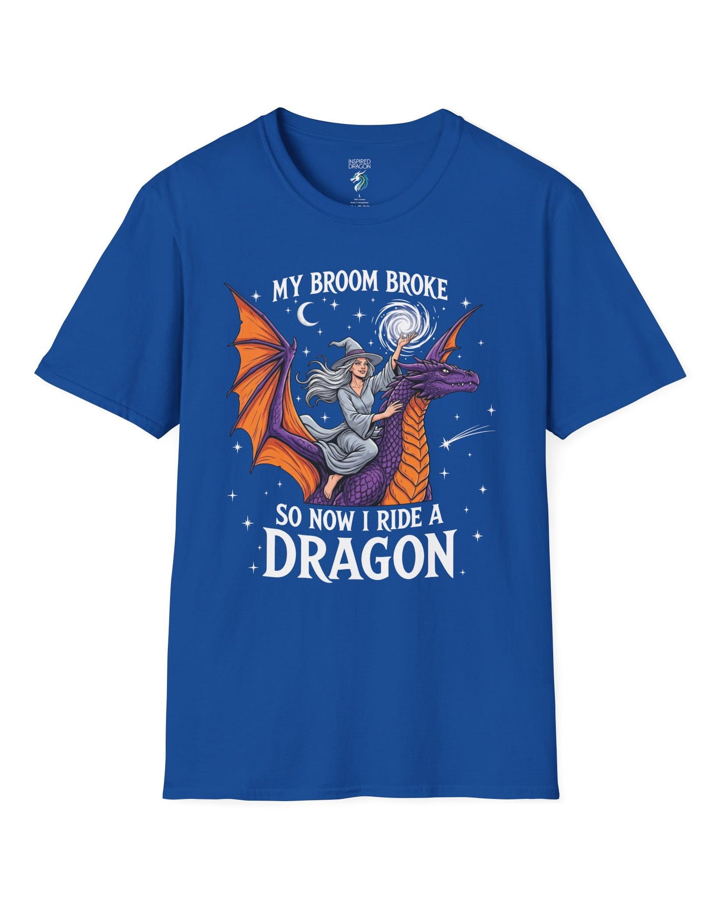My Broom Broke Magical shirt in royal blue featuring a magical witch riding a purple dragon beneath a starry night sky