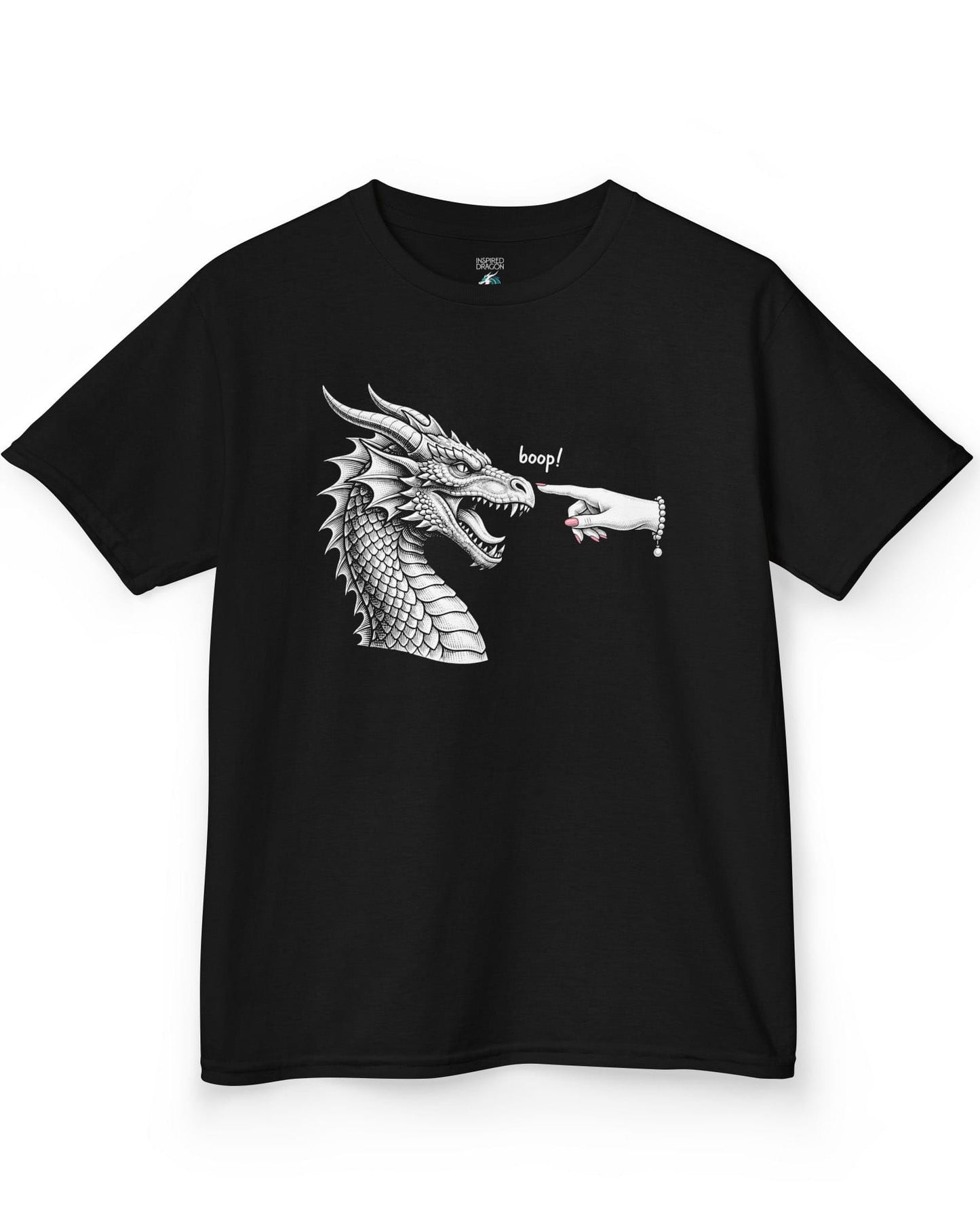 Boop in Pink shirt in black featuring a black and white dragon getting its nose booped by a hand with pink nails