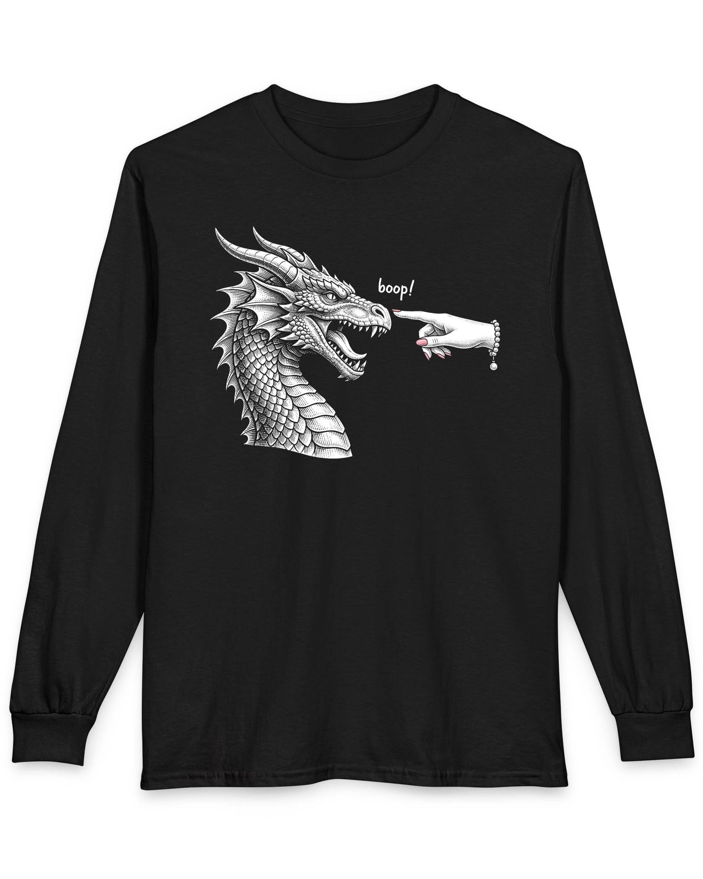 Boop in Pink shirt in black featuring a black and white dragon getting its nose booped by a hand with pink nails
