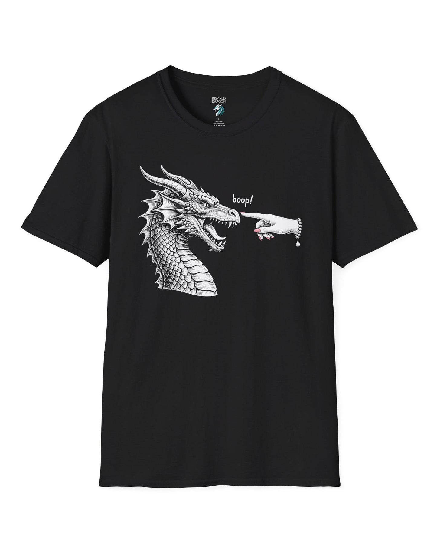 Boop in Pink shirt in black featuring a black and white dragon getting its nose booped by a hand with pink nails