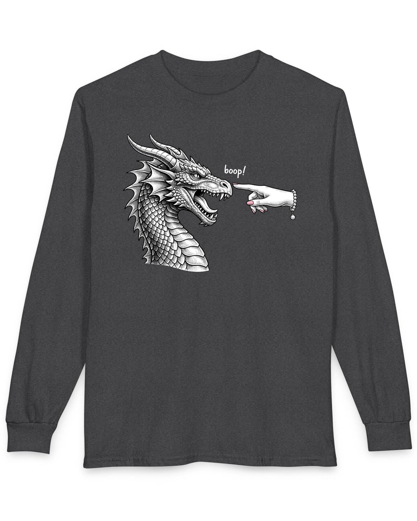 Boop in Pink shirt in dark heather featuring a black and white dragon getting its nose booped by a hand with pink nails