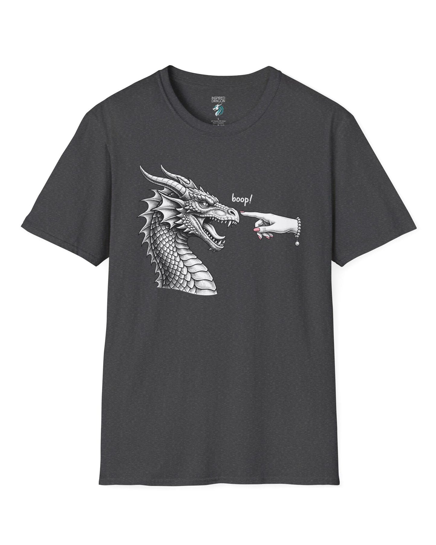Boop in Pink shirt in dark heather featuring a black and white dragon getting its nose booped by a hand with pink nails