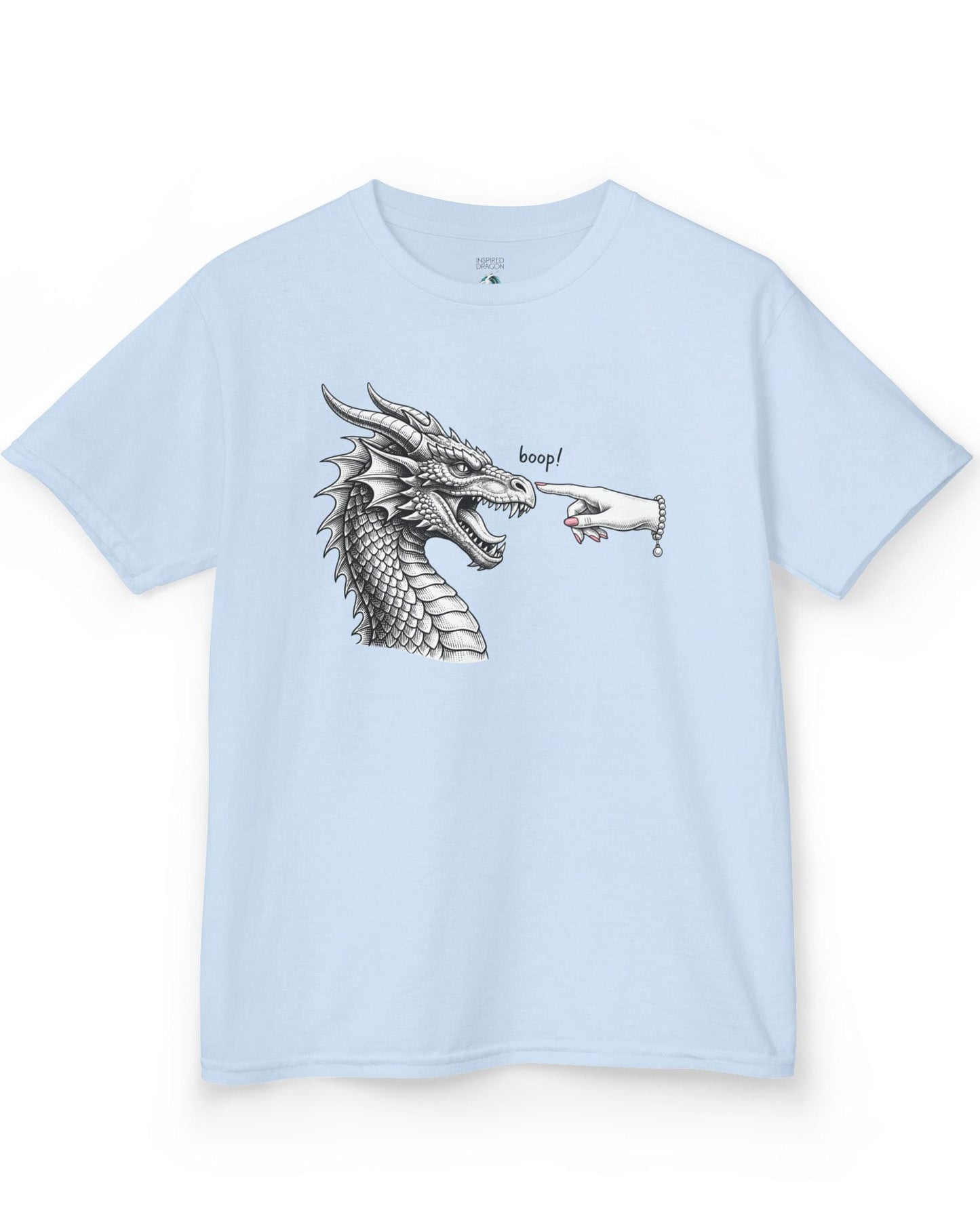 Boop in Pink shirt in light blue featuring a black and white dragon getting its nose booped by a hand with pink nails