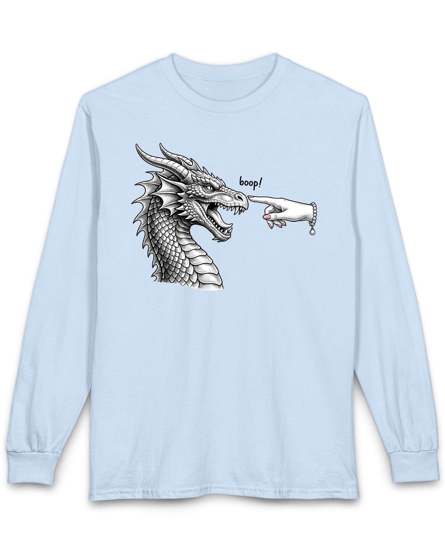 Boop in Pink shirt in light blue featuring a black and white dragon getting its nose booped by a hand with pink nails