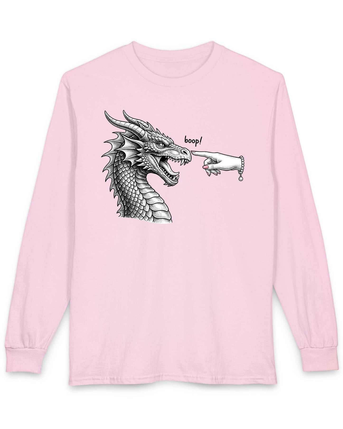Boop in Pink shirt in light pink featuring a black and white dragon getting its nose booped by a hand with pink nails