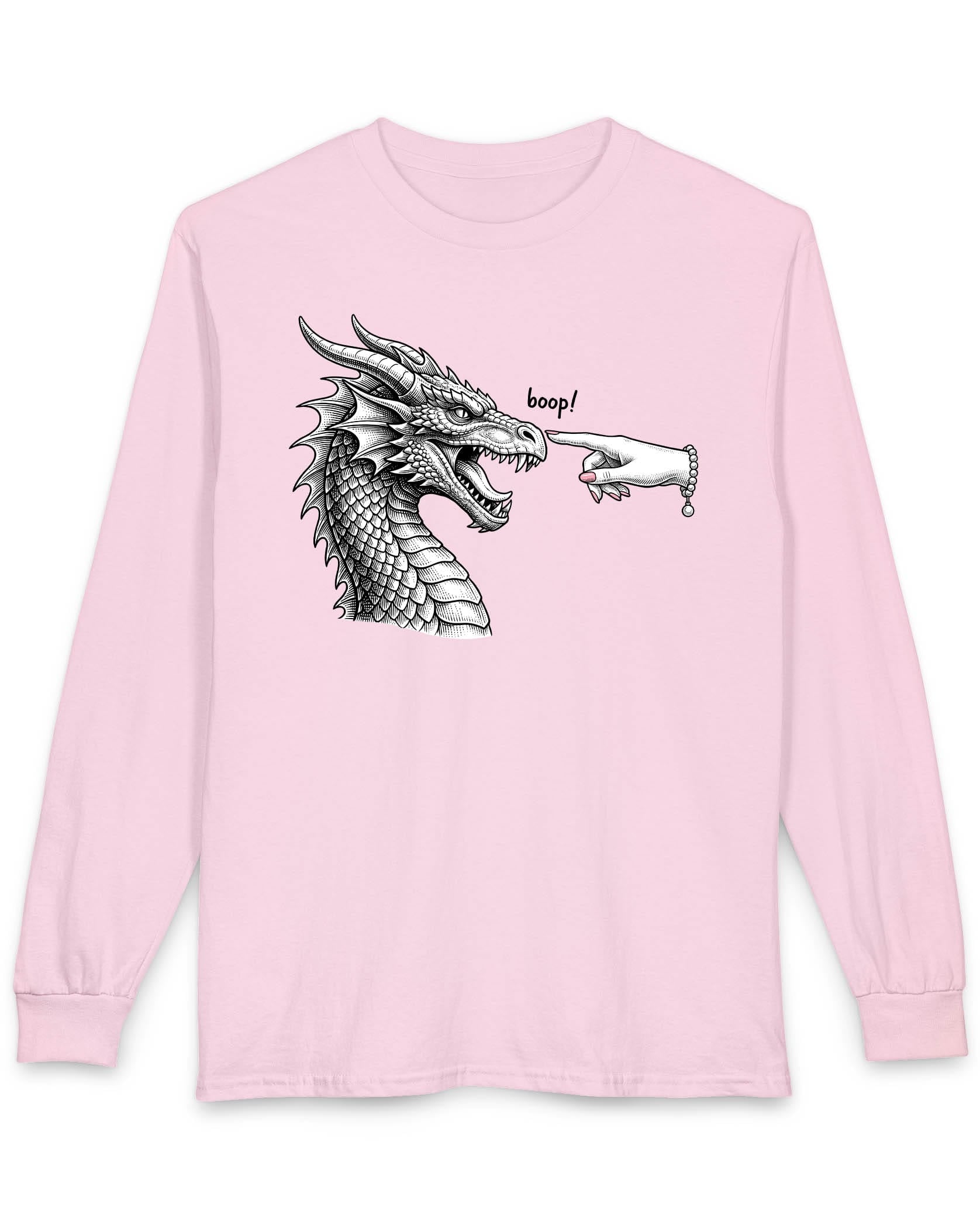 Boop in Pink shirt in light pink featuring a black and white dragon getting its nose booped by a hand with pink nails