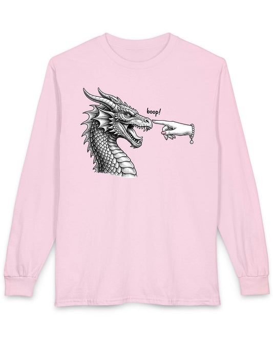 Boop in Pink shirt in light pink featuring a black and white dragon getting its nose booped by a hand with pink nails