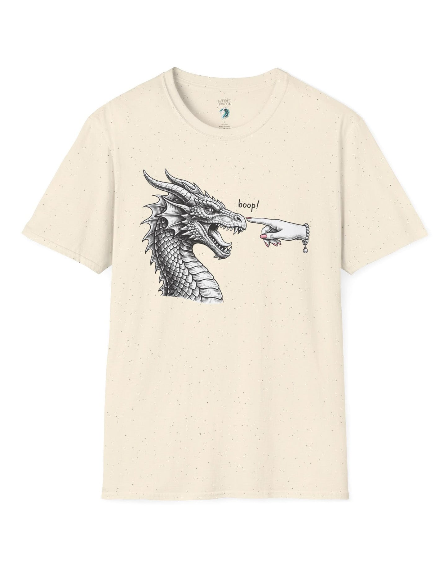 Boop in Pink shirt in natural featuring a black and white dragon getting its nose booped by a hand with pink nails