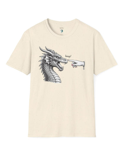 Boop in Pink shirt in natural featuring a black and white dragon getting its nose booped by a hand with pink nails