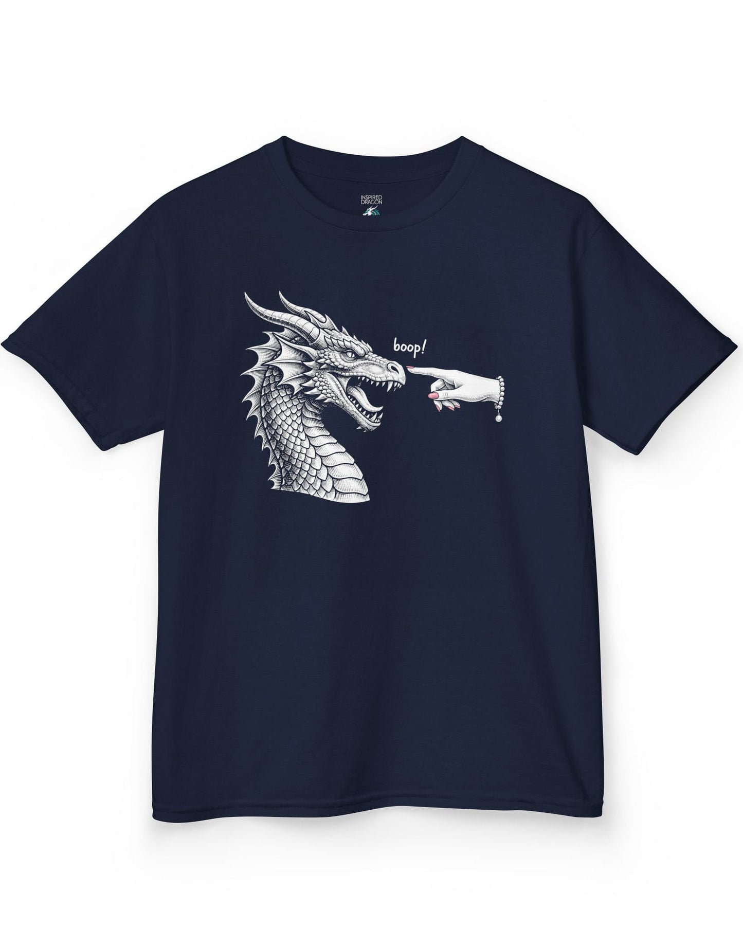 Boop in Pink shirt in navy featuring a black and white dragon getting its nose booped by a hand with pink nails
