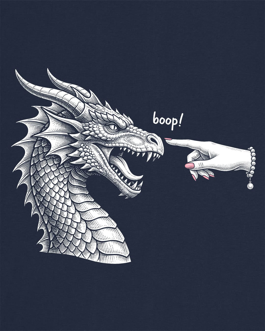 Boop in Pink shirt in navy featuring a black and white dragon getting its nose booped by a hand with pink nails