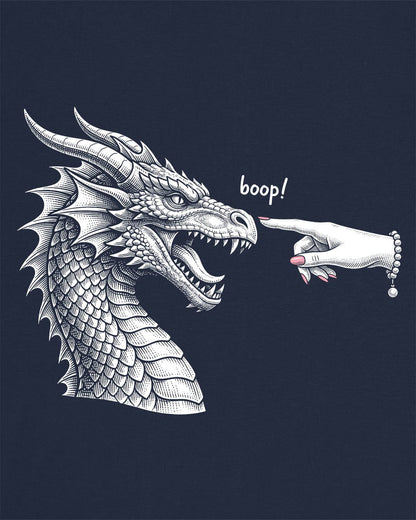 Boop in Pink shirt in navy featuring a black and white dragon getting its nose booped by a hand with pink nails