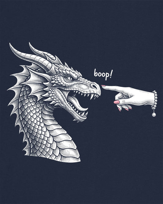 Boop in Pink shirt in navy featuring a black and white dragon getting its nose booped by a hand with pink nails