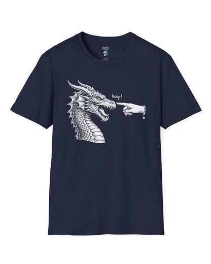 Boop in Pink shirt in navy featuring a black and white dragon getting its nose booped by a hand with pink nails