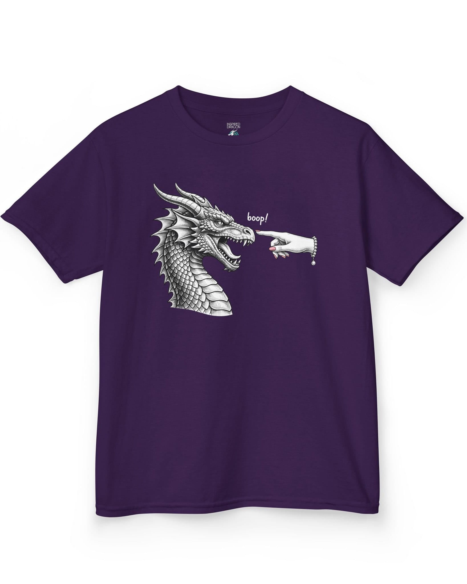 Boop in Pink shirt in purple featuring a black and white dragon getting its nose booped by a hand with pink nails