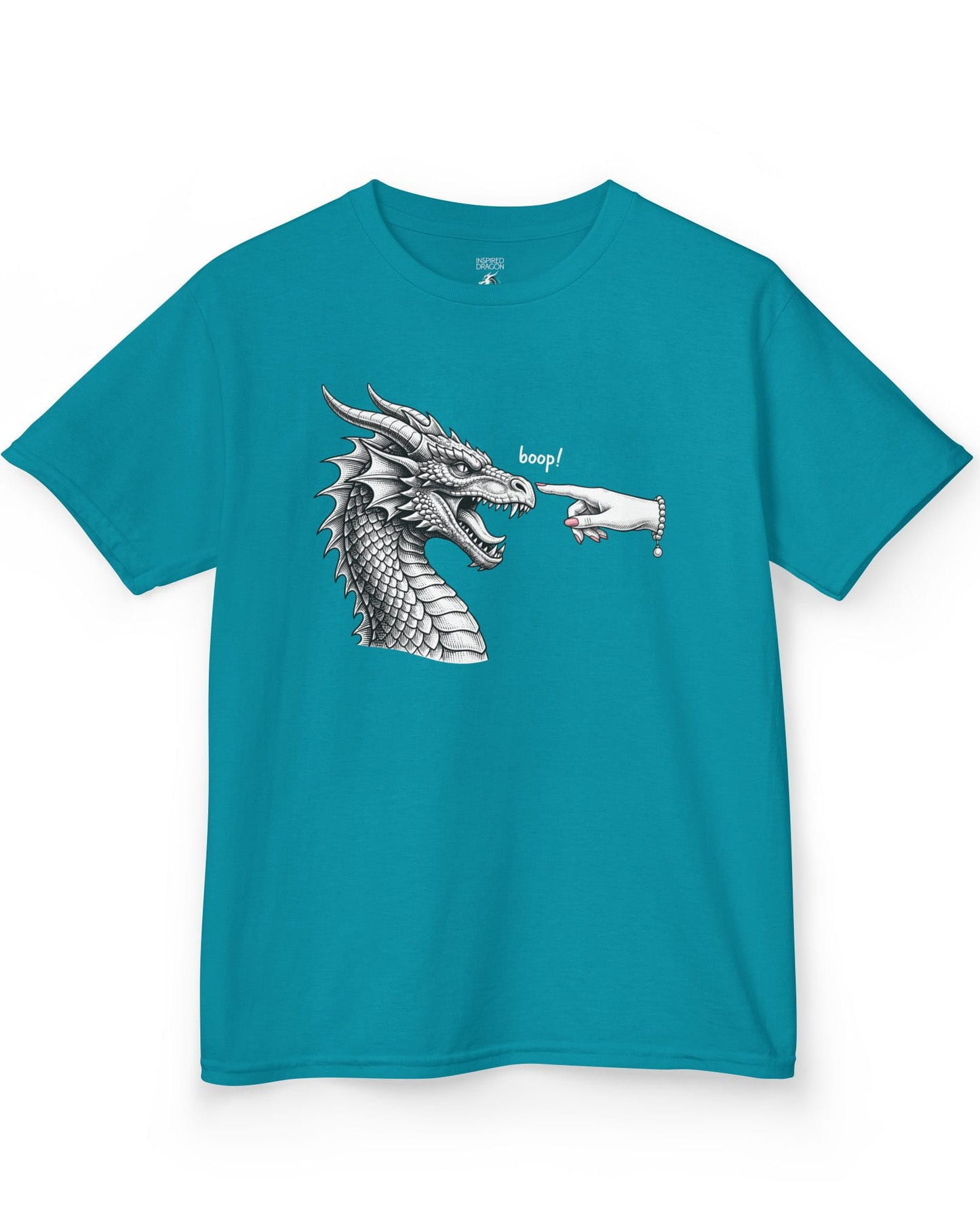 Boop in Pink shirt in tropical blue featuring a black and white dragon getting its nose booped by a hand with pink nails