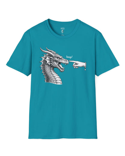 Boop in Pink shirt in tropical blue featuring a black and white dragon getting its nose booped by a hand with pink nails