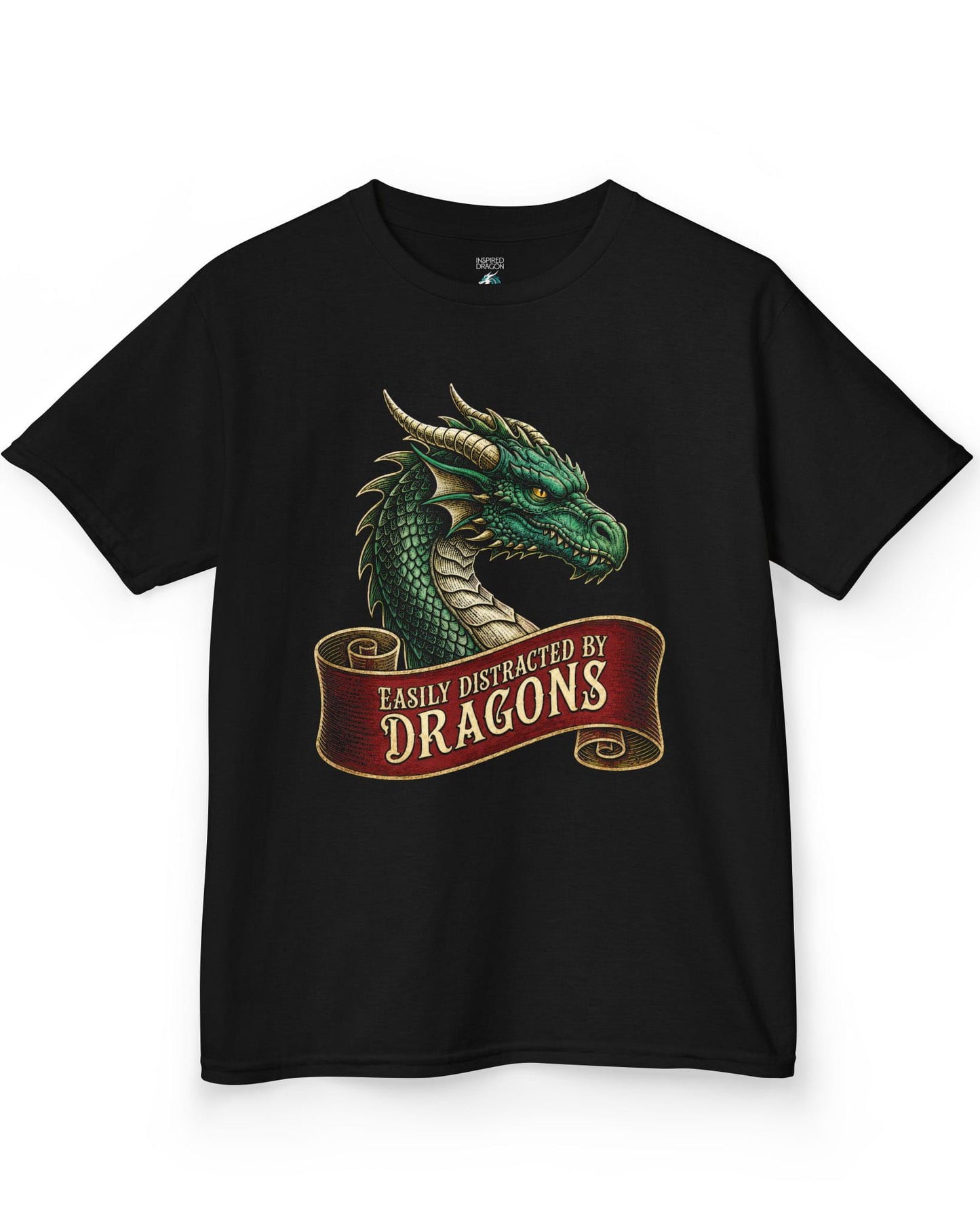 Easily Distracted shirt in black featuring a green dragon above a red banner reading Easily Distracted by Dragons