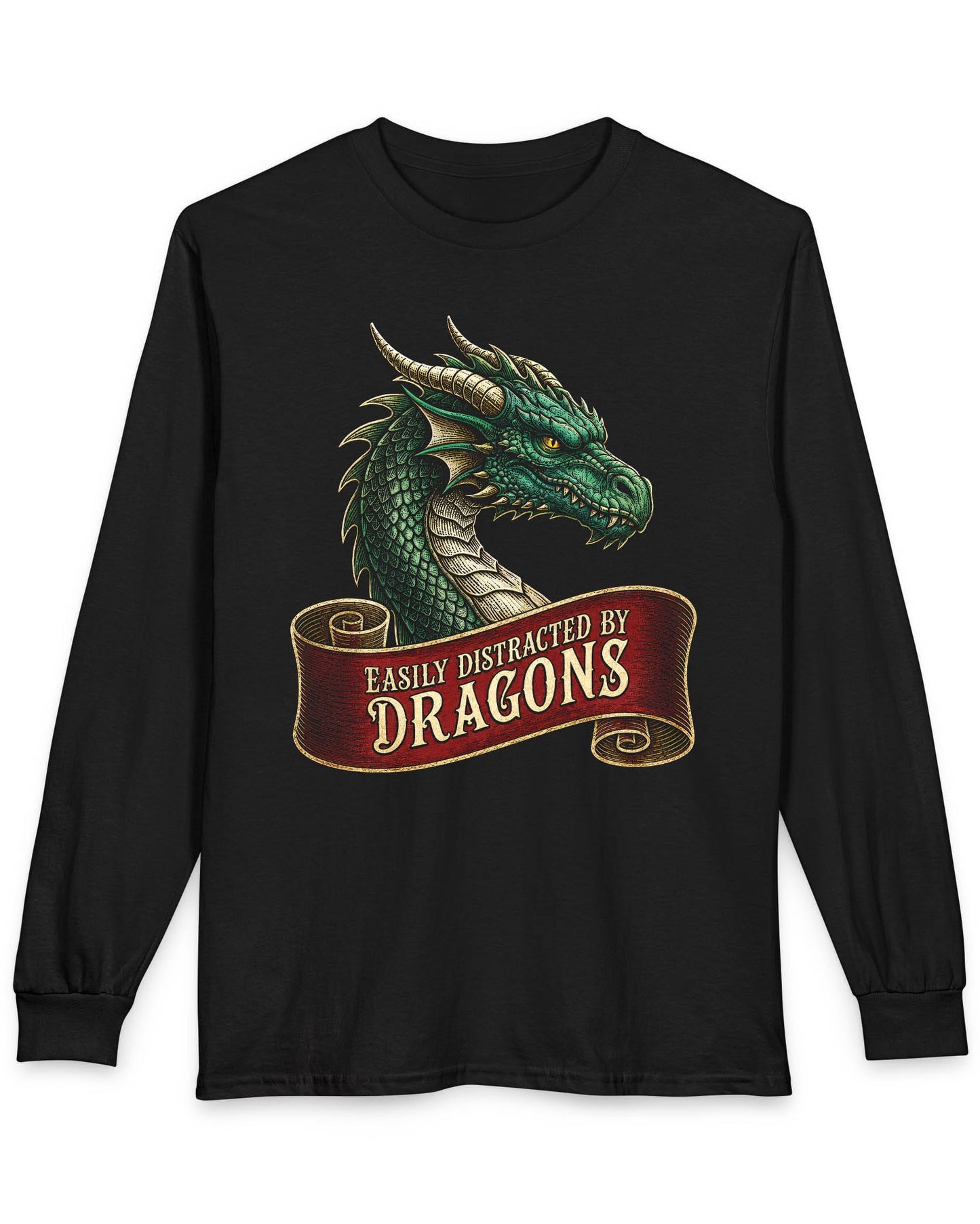 Easily Distracted shirt in black featuring a green dragon above a red banner reading Easily Distracted by Dragons